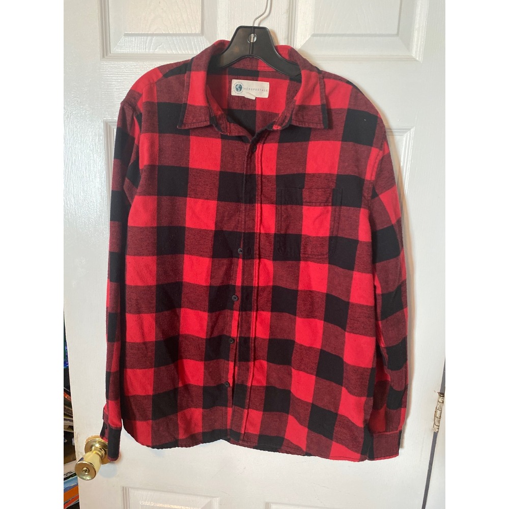 Aeropostale Mens Red Black Buffalo Plaid Flannel Button Down Shirt Medium M
